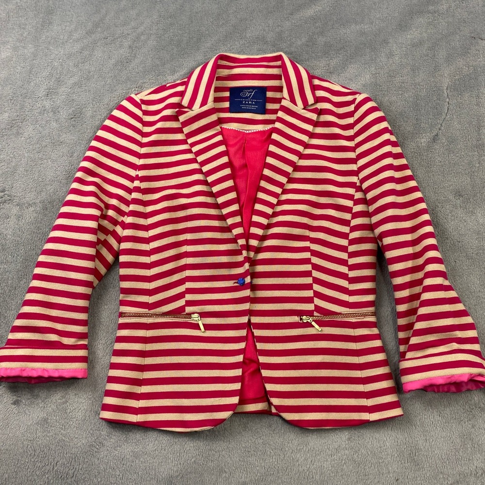 Zara TRF Striped Blazer Jacket Pink Beige Gold Zip Detail Women's Office Career